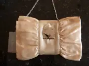 TONY BIANCO - CREAM SATIN FOLDOVER CLUTCH BAG WITH SILVER CHAIN
