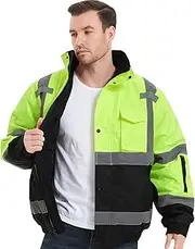 [ProtectX] High Visibility Safety Waterproof Bomber Jacket for Men, Hi Vis Reflective Winter Construction Jacket, Class 3