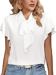 [Rooscier] Women's Bow Tie Neck Ruffle Short Sleeve Vintage Retro Work Blouse Top