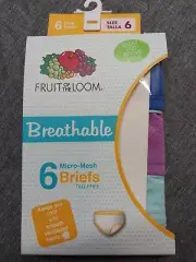Girls Size 6 Fruit of the Loom Breathable Micro-Mesh Briefs Tag Free Pack of 6
