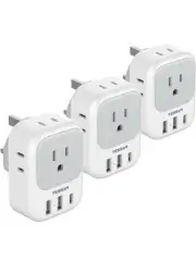 US to UK Plug Adapter 3 Pc,TESSAN Type G Adapter for Travel With 4 Outlet 3 USB