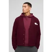 Mens Burgundy Oversized Boxy Heart Embroidered Knitted Cardigan