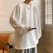 Long-Sleeve Crew Neck Plain Ribbed T-Shirt White - 5XL