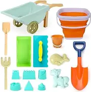 Beach Toys, 16 Pcs Collapsible Buckets and Spades with Cart, Sand Pit Toys for Kids, Shovel Set, Summer Outdoor Sandbox Toys for Kids Boys Girls Travel