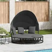 Outdoor Lounge Bed with Retractable Canopy and Cushions - Black Poly Rattan Patio Sectional Daybed, Modular Wicker Sofa with Removable Covers for Garden, Porch or Pool Lounging