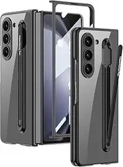 [Wibrthz] Transparent Case with S Pen Holder & S Pen for Samsung Galaxy Z Fold 5, Crystal Clear Coating Case with Screen Protector, Luxurious Shockproof Anti-Scratch Case (Black + Black Pen)