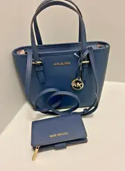 Michael Kors Jet Set XS Leather Carryall Top Zip Tote Bag + Bifold Wallet - Navy