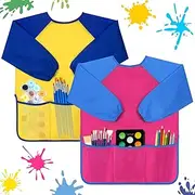 Bassion Pack of 2 Kids Art Smocks, Children Waterproof Artist Painting Aprons Long Sleeve with 3 Pockets for Age 2-6 Years