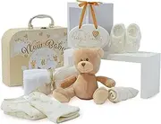 Newborn Unisex Baby Gift Set – Hand Picked Keepsake Box with Teddy Bear, Onesie, Knitted Booties, Bib, Hat, Muslin Cloths, and Hanging Plaque – Gender Neutral Shower Gift Set for Boys or Girls