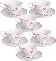 [fanquare] Pink Rose Tea Cup and Saucer Set for 6, British Vintage Afternoon Cup Set, Porcelain Coffee Cup with Gold Border, 5 oz