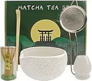 Matcha Whisk Set,5-Piece Ceramic Japanese Matcha Set Includes Matcha Bowl, Matcha Whisk and Holder, Bamboo Scoop, Scoop Rest, Sifter and Tea Towel - Matcha Kit for Matcha Lovers (White)