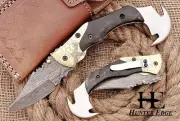 HUNTEX Handmade Damascus Blade Buffalo Handle MultiPurpose Tactical Pocket Knife
