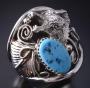 Size 13-1/4 Silver & Turquoise Howling Wolf Navajo Ring Jeanette Saunders 5D07F