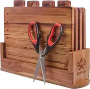 Acacia Wood Cutting Board Set with Scissors & Stand, Deep Juice Grooves, Perfect Charcuterie Boards, Ideal Housewarming Gifts, Durable Kitchen Essentials & Accessories for New Home Decor.