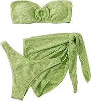 [Generic] Women's 3 Piece Swimsuit Ring Linked Bandeau High Cut Bikini with Cover Up Skirt Set