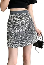 [TPZORJX] 1 Piece Women's Sequin Short Skirt, Glitter Short Skirt, Short Waist, Women's Sexy Skirt, Stretchy Hip Wrap Skirt, Party Rave Costume, Rave Christmas (L) Silver