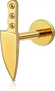 [FINE4U] Gold Knife Helix Piercing Jewelry Stud 16G 6mm 8mm - ASTM F136 Titanium Cartilage Earring Flat Back Stud for Tragus Conch Flat, Labret Ring, Titanium, no gemstone