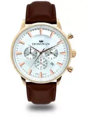 Donovan Watches Chrono X 50% Off! Stainless Steel White Rose Gold Brown Leather
