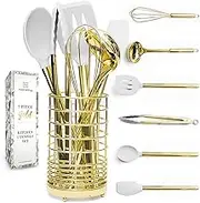 White Silicone and Gold Cooking Utensils Set with Gold Utensil Holder - 7-Piece Silicone Cooking Tools - Ideal for Nonstick Cookware and Stylish Modern Kitchens - Luxury Kitchen Accessories