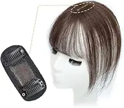 10" Real Human Hair 3D Air Bangs Topper Hair Pieces Clip in Small 1.5x3" Silk Base Crown Hair Topper for Thinning Hair Seamless Middle Part Front Hair Pieces with Wispy Fringe Bangs(Dark Brown)