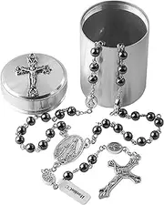 [HanlinCC] 6mm Hematite black stone beads Miraculous Rosary Necklace with Cross Metal Gift Box ofr Men and Women, Zinc, zinc alloy