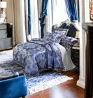 Luxury Satin Set 4Pc King Size Bed Sheet Duvet Cover Flower Blue Embroidery Lace