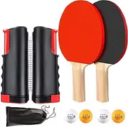 Ping Pong Paddle Set, Portable Table Tennis Set with Retractable Net, 2 Rackets, 4 Balls and Carry Bag for Children Adult Indoor/Outdoor Games