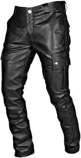 [Generic] Men's Leather Pants Active Workout Jogger Pants for Men with Pockets Wide Leg Drawstring Hip Hop Gym Trackpants