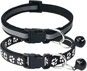 CHBORCHICEN 2-Pack Reflective & Footprint Small Pet Dog Cat Regular Collar with Bell Buckle Adjustable Polyester Cat Dog Collar or Seatbelts (Small, Black)