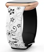 [OHOTLOVE] Floral Engraved Bands Compatible for Fitbit Sense Bands/Fitbit Versa 3 Bands Women/Fitbit Versa 4 Bands/Sense 2 Bands,Soft Cute Two-Tone Flower Sport Watch Strap Replacement Wristbands.