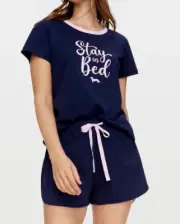 NEW PETER ALEXANDER NAVY STAY IN BED TOP TEE & SHORTS PJ SET XS RRP$109.90