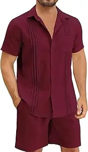 [hawalili] Men Linen Sets Outfits 2 Piece Short Sleeve Cuban Shirts Summer Guayabera Linen Beach Casual Suit