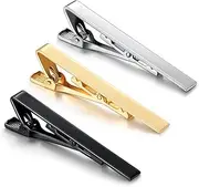 [Nomel] 3 Pcs Tie Clips for Men - Bar Set for Wedding, Anniversary, Business - Metal Gold, Silver, Black Tone Simple Necktie Clasp