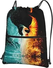 Fire And Water Phoenix Print Drawstring Backpack Gym Bags Sports Bags With Zipper Pocket For Travel Beach, Black, One Size