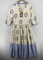 MASALA BABY Dress S 4-6 Mara Ikat Dot A-Line Tiered 3/4 Sleeve Cotton Ivory NEW
