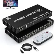 8K HDMI Switch 5 in 1 Out, HDMI 2.1 Switcher Selector 5 Port with IR Remote, HDMI Splitter 8K@60Hz/4K@120Hz for Xbox PS5 PC TV