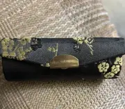 Vtg Lipstick Holder Case With Mirror Gold Floral & Black
