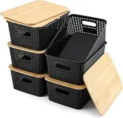 Plastic Storage Baskets with Bamboo Lid, Stackable Small Storage Bins, Storage Baskets for Organizing Shelves Drawers Desktop Closet Office Kitchen