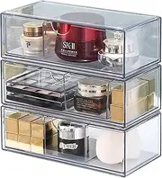 Uandhome Stackable Storage Drawers,3 Pack Clear Plastic Organizers Bins for Makeup Palettes, Cosmetics, and Beauty Supplies,Ideal for Vanity, Bathroom,Pantry,Desk,Office Organization