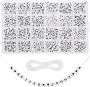 1200 Pieces Acrylic Alphabet Beads, BetterJonny Black on White Letter Beads 4x7mm A-Z Round Letter Beads with Colorful Round Heart Beads and Elastic String for Jewelry Making Bracelets and Key Chains