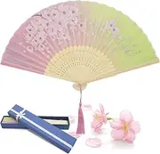 Folding Hand Fans, Handheld Folding Fan for Women, Chinese Vintage Style Handheld Silk Folding Fan for Birthday Wedding Party Decoration (Pink)