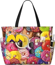 [Ghjkfbf] Coffee And Donuts Print Large Capacity Beach Travel Bag For Family, Beach Tote Bag For Women With Zipper Pockets, Black, One Size