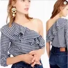 NWT J,Crew Gingham Plaid Ruffle Top One Shoulder Navy 6P