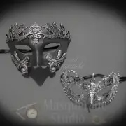 Couples Silver Roman and Silver Extravagant Costume Party Masquerade Masks Set
