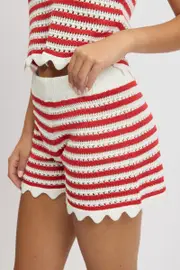 Red Stripe Knit Shorts Elasticated Waist - Size 8XS, Women's Shorts