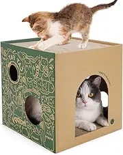 Cardboard Cat House With 2 Story Scratch Pads - Indoor Play House for Cats, Corrugated Scratcher Box, Scratching Toy for Cat Birthday, Hideout for Bunny and Small Animals