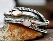 Light Gray Black Leather White Chalcedony Quartz Wrap Bracelet Magnetic Clasp
