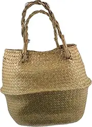 Mobestech 1Pc Handwoven Seagrass Belly Basket with Handles Versatile Decorative Storage for Living Bedroom Nursery and Laundry Natural Rattan Planter and Organizer