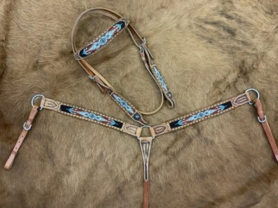 Multicolor Southwest Beaded Inlay Browband Headstall & Breast Collar & Reins NEW