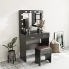 Black Vanity Table with Mirror, LED Lights & Stool, Hollywood Style